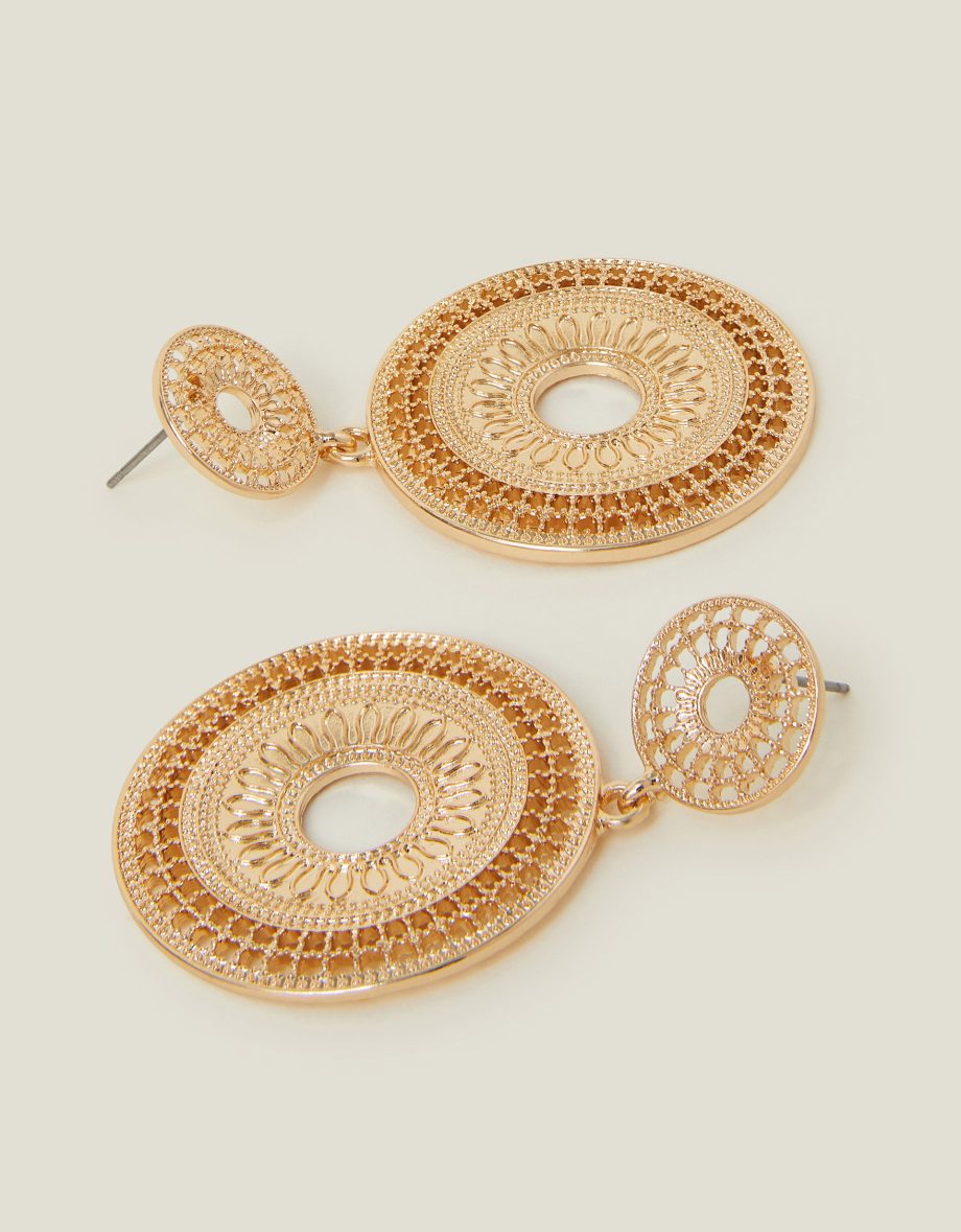 FILIGREE DISC DROP EARRINGS GOLD