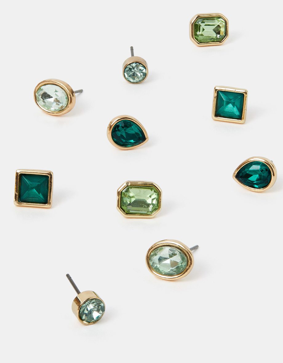 5-PACK GEM STUD EARRINGS GREEN