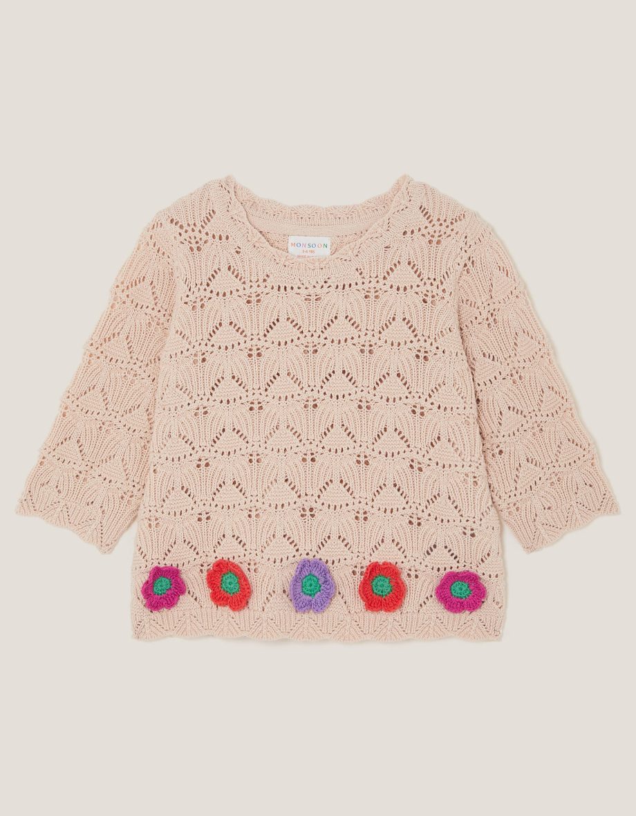 Crochet flower knit top ivory