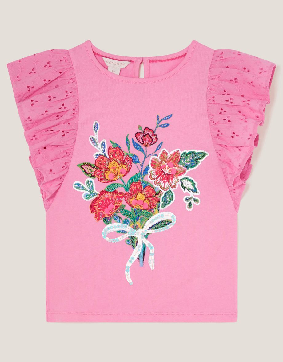 Floral Bouquet Broderie Frill Top Pink