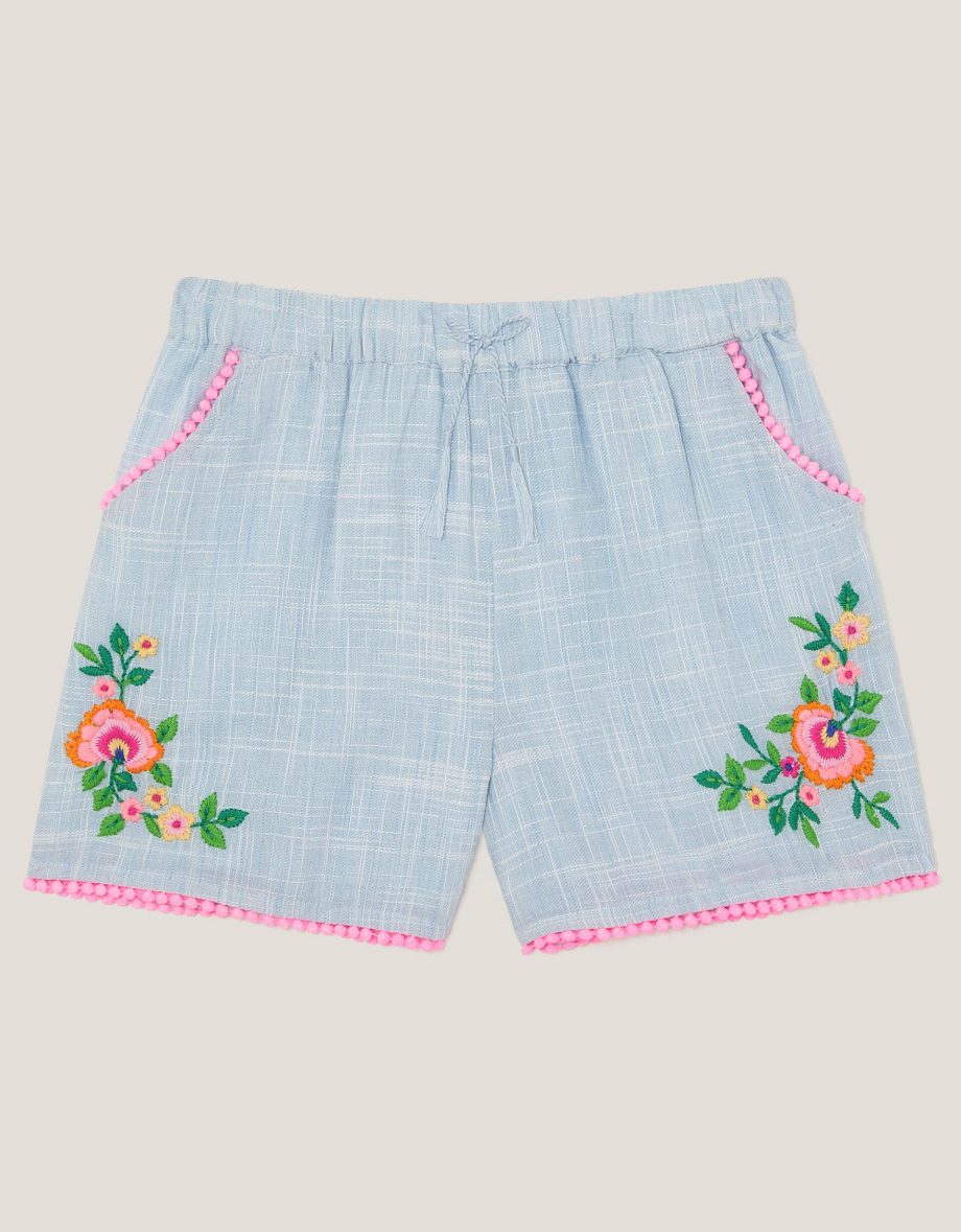 Floral embroidered slub shorts blue