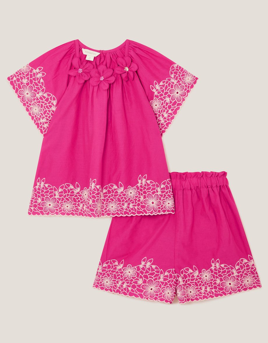 Embroidered Floral Top and Shorts Set Pink