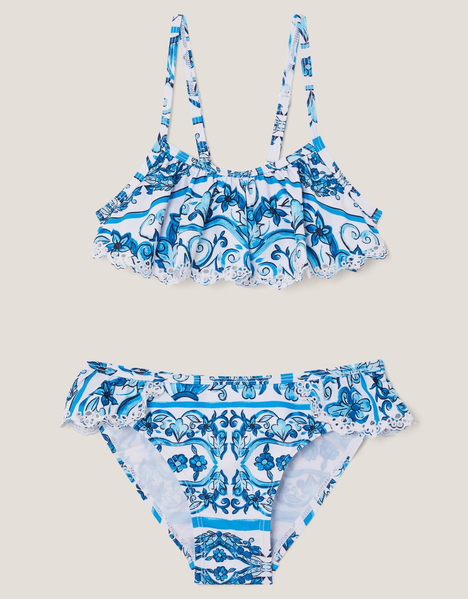 Calista floral print ruffle bikini set blue