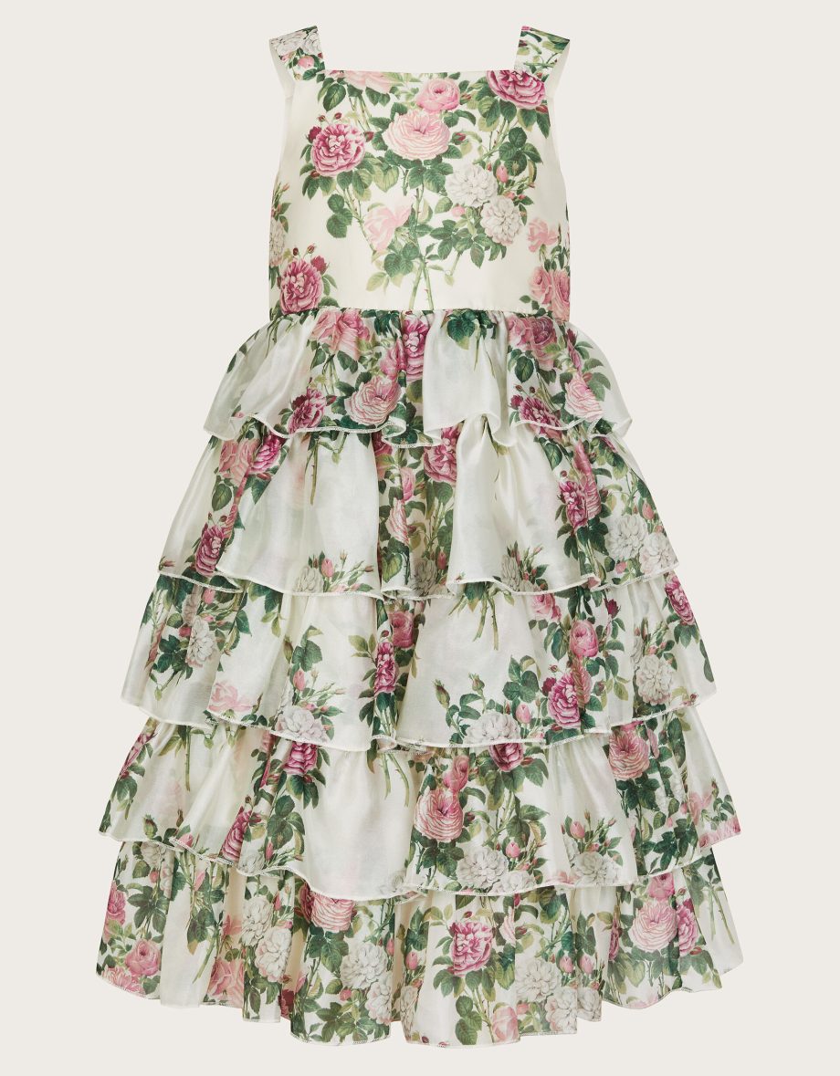Raye rose print organza ruffle dress ivory