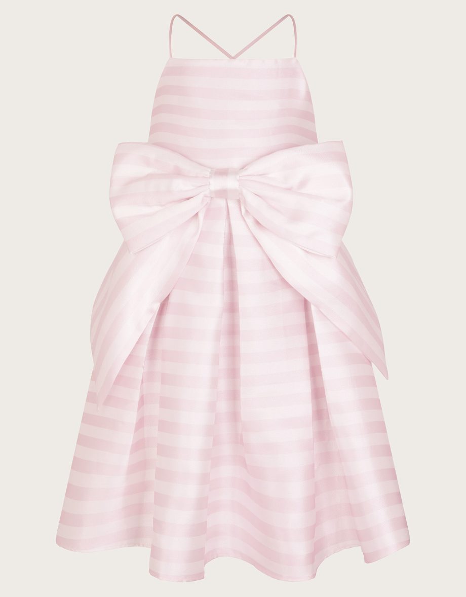 Stripe bow twill party dress pink