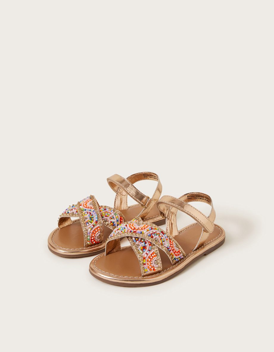 Beaded metallic crossover strap sandals multi