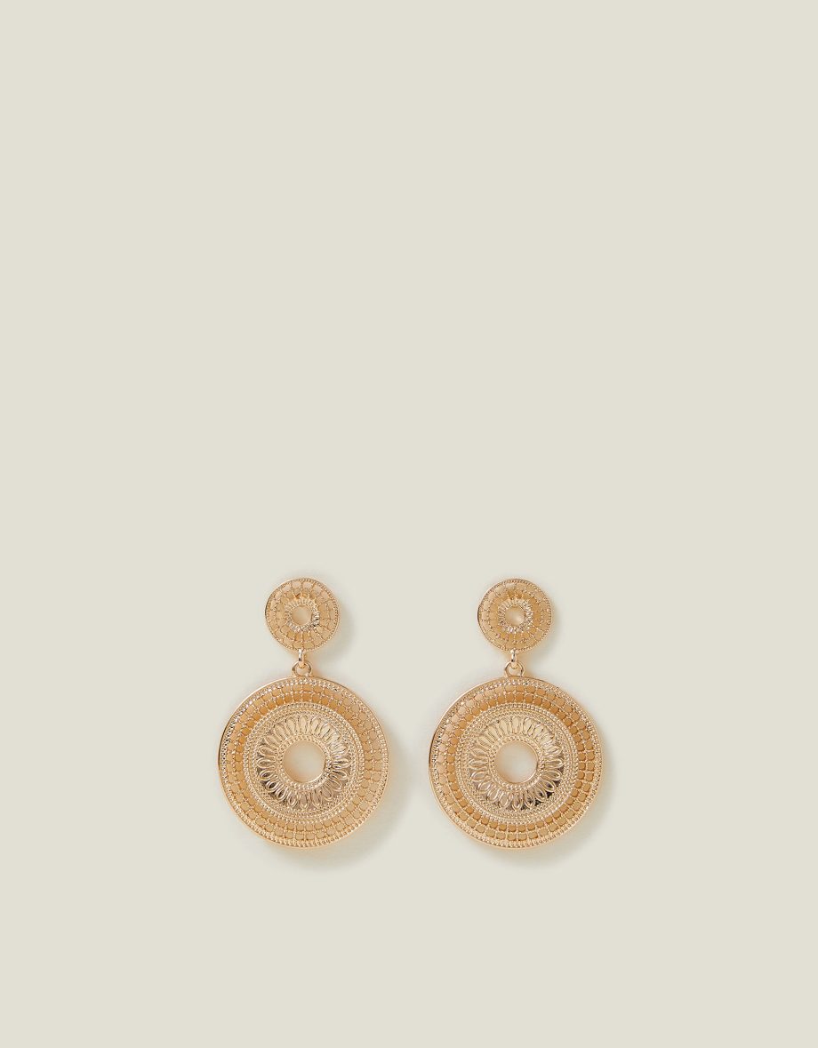 FILIGREE DISC DROP EARRINGS GOLD