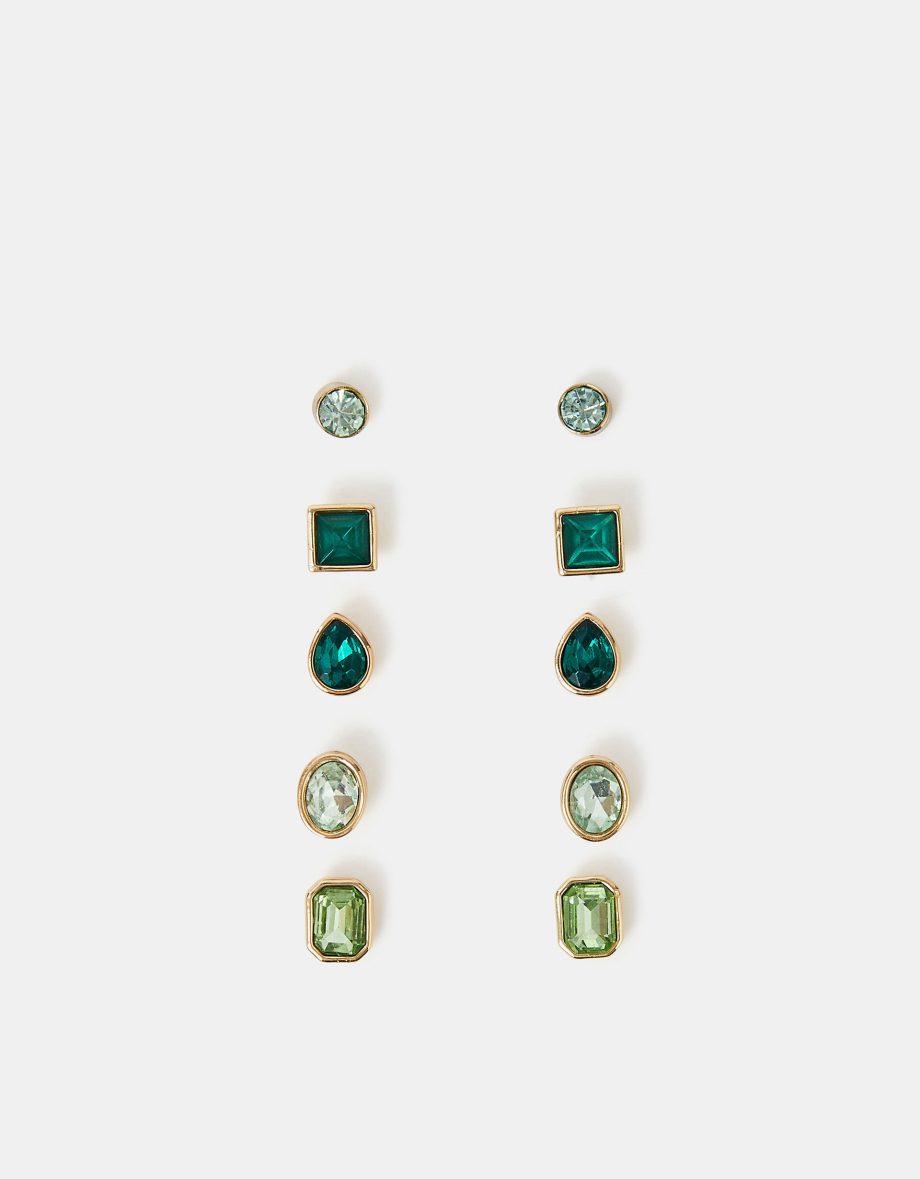 5-PACK GEM STUD EARRINGS GREEN
