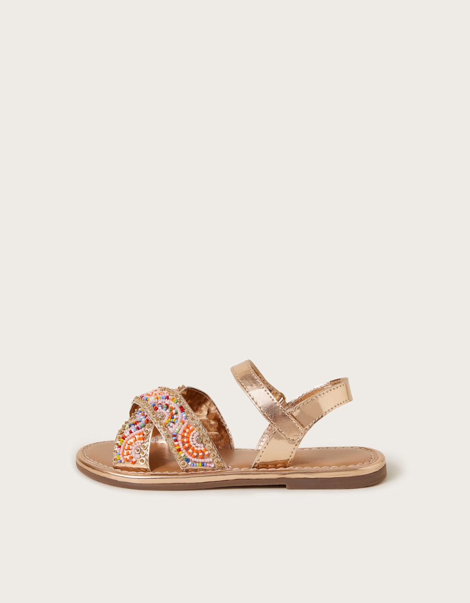 Beaded metallic crossover strap sandals multi
