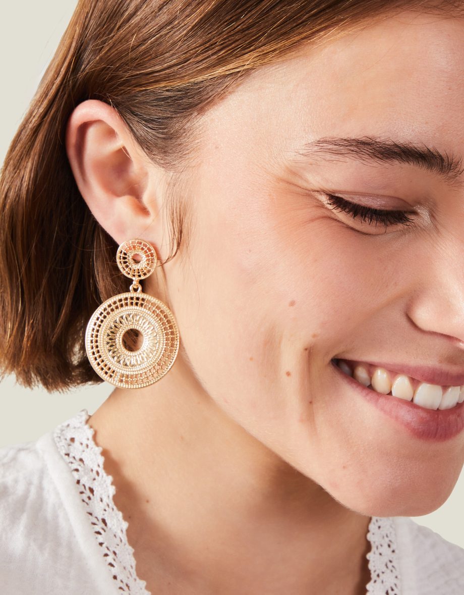 FILIGREE DISC DROP EARRINGS GOLD