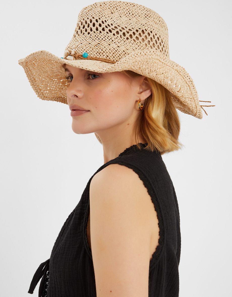 SHELL BEADED STRAW STETSON HAT
