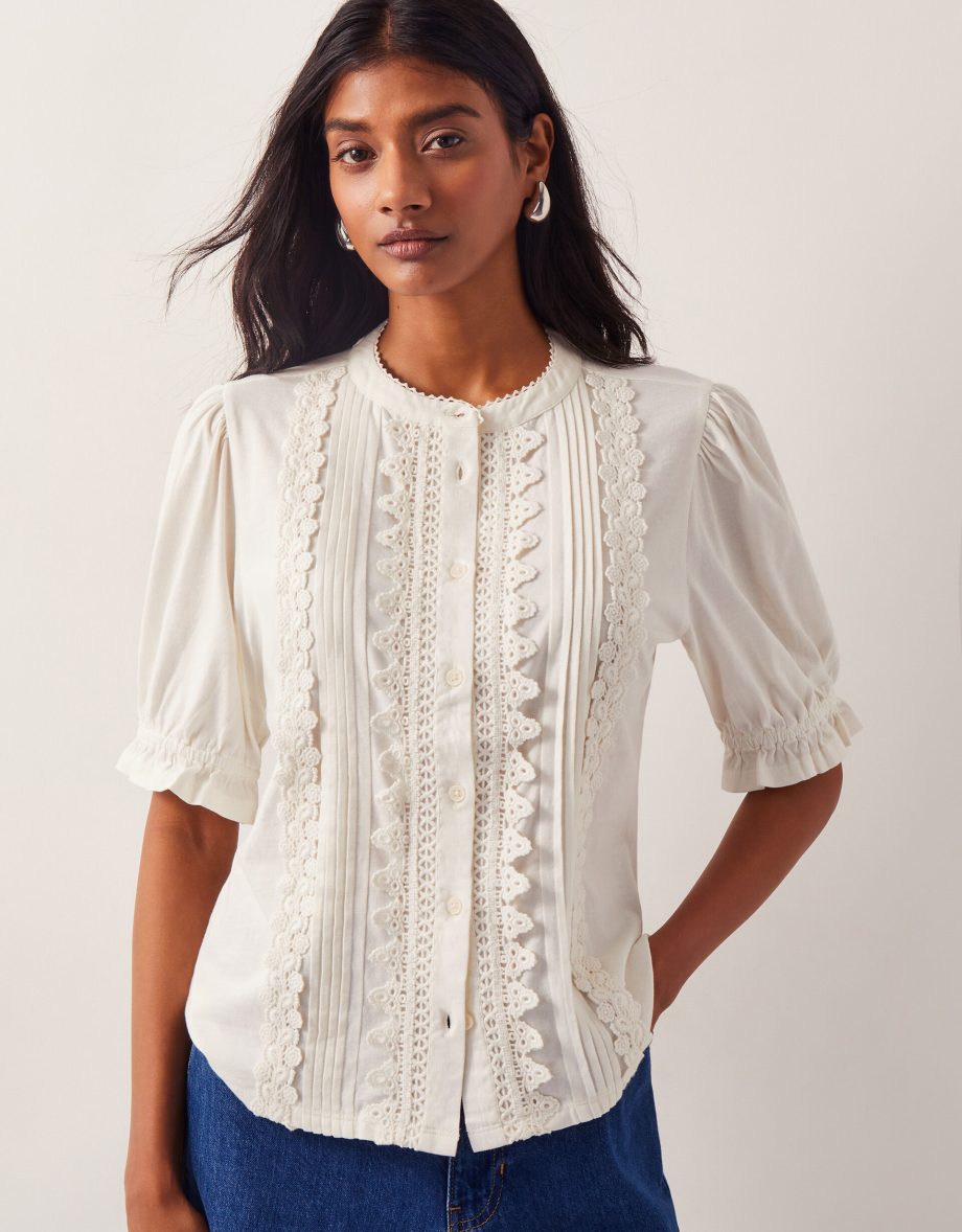 Lia lace puff-sleeve blouse ivory