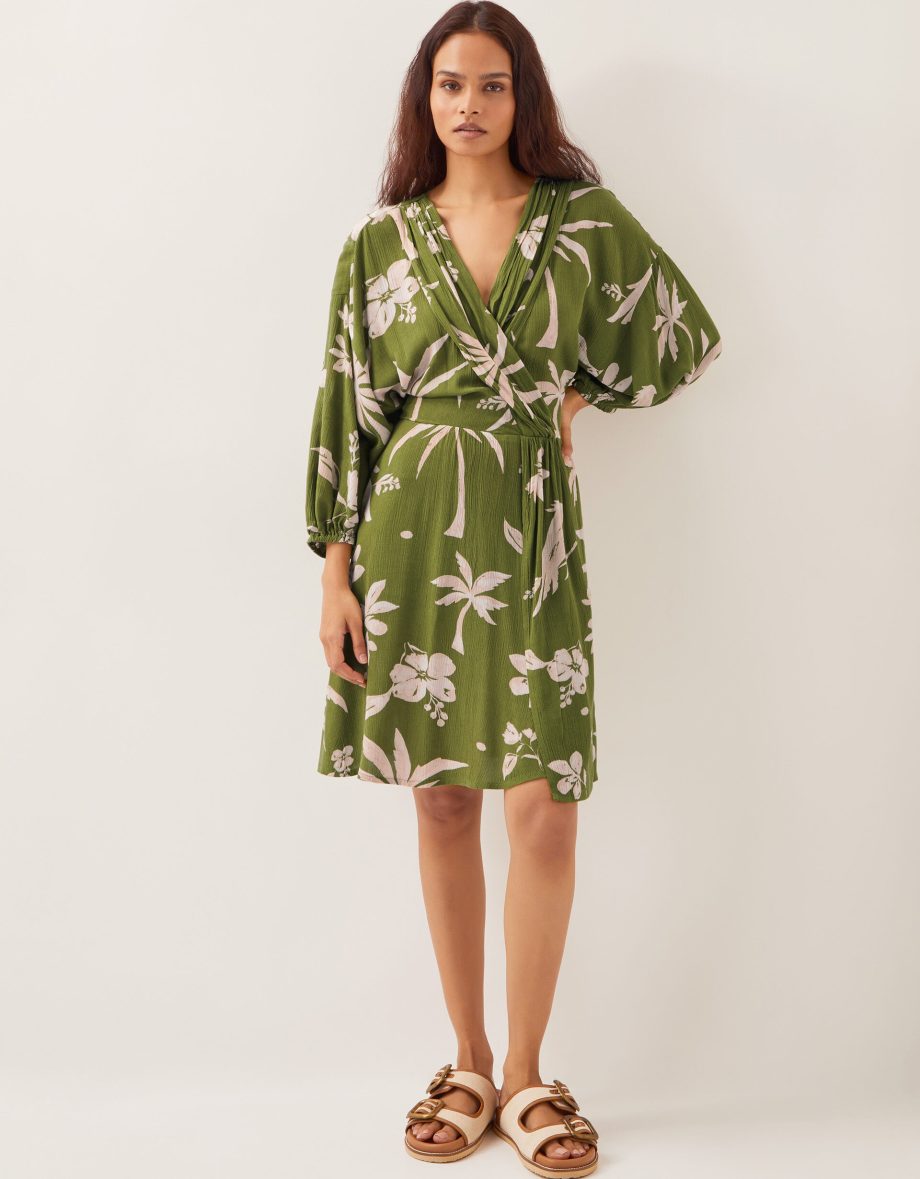 Mariam leaf print mini dress green