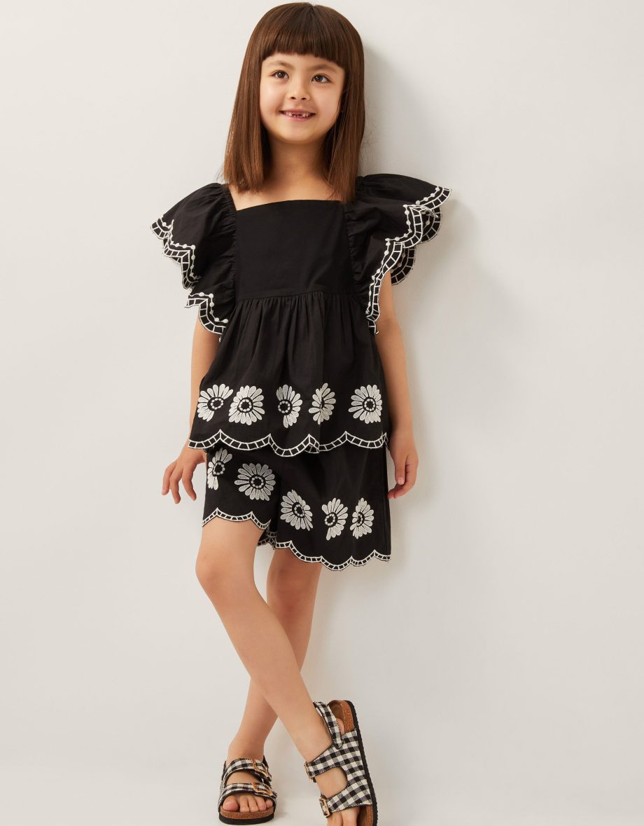 Embroidered top & shorts set black