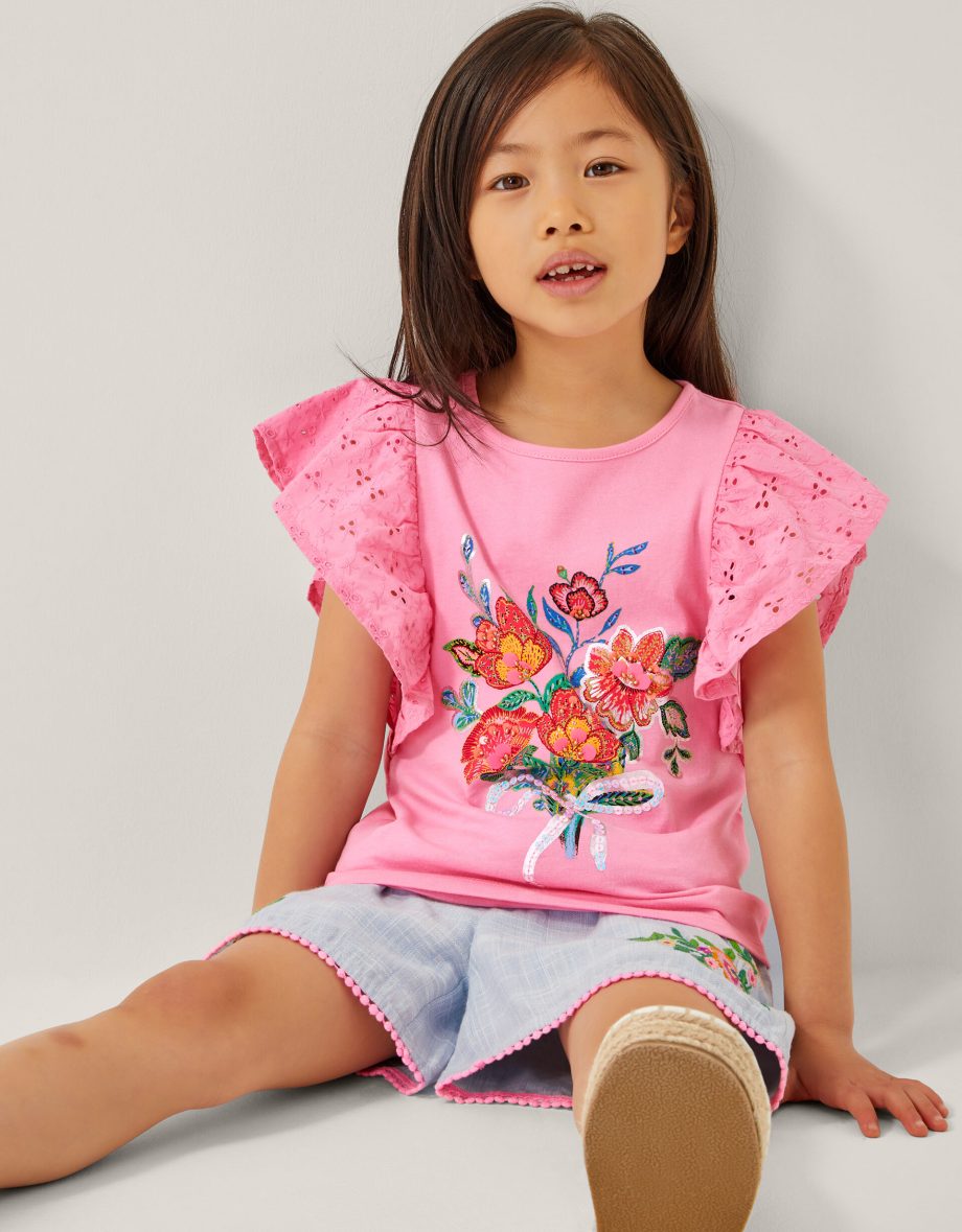 Floral Bouquet Broderie Frill Top Pink