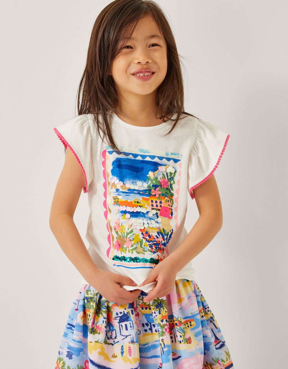 Resort Scene Embellished T-Shirt Ivory