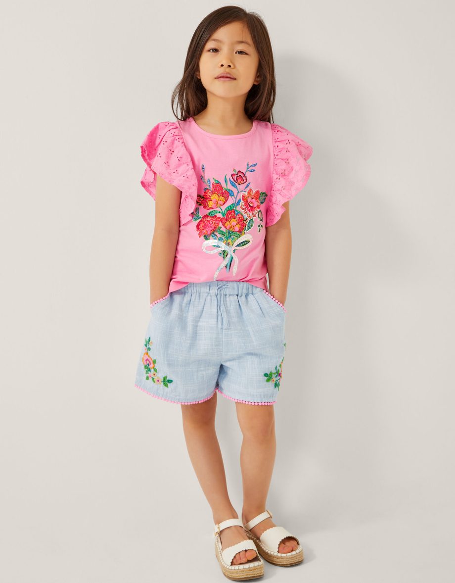 Floral embroidered slub shorts blue