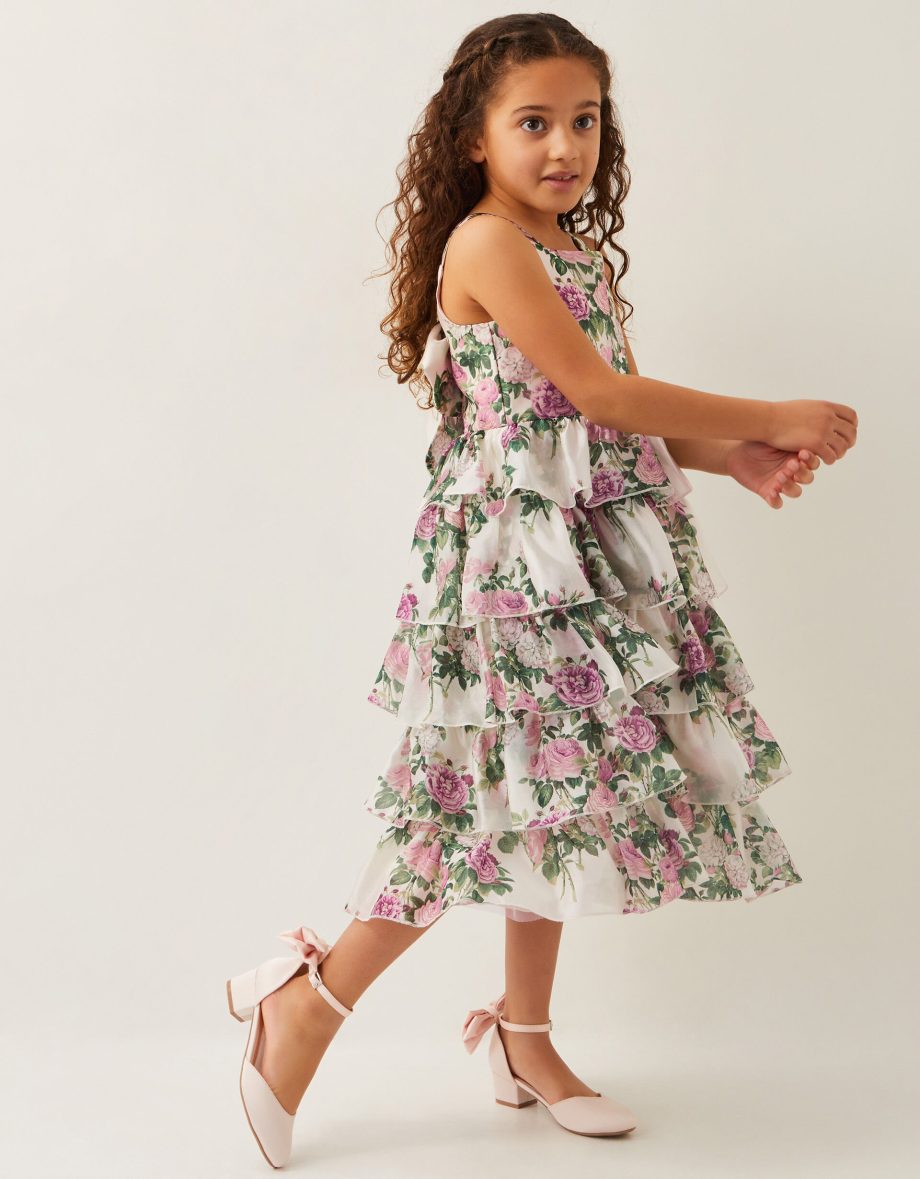 Raye rose print organza ruffle dress ivory