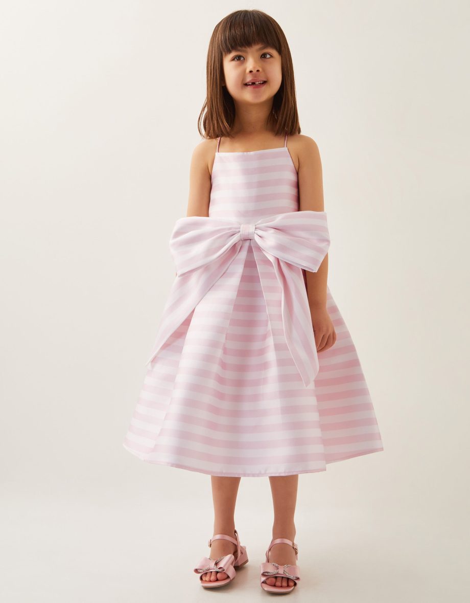 Stripe bow twill party dress pink
