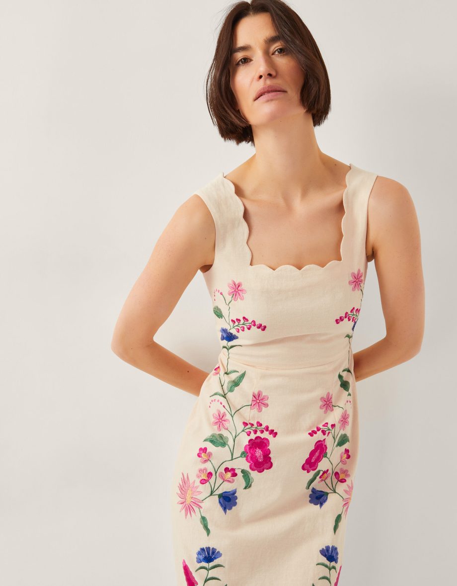 Agata floral embroidered midi dress cream