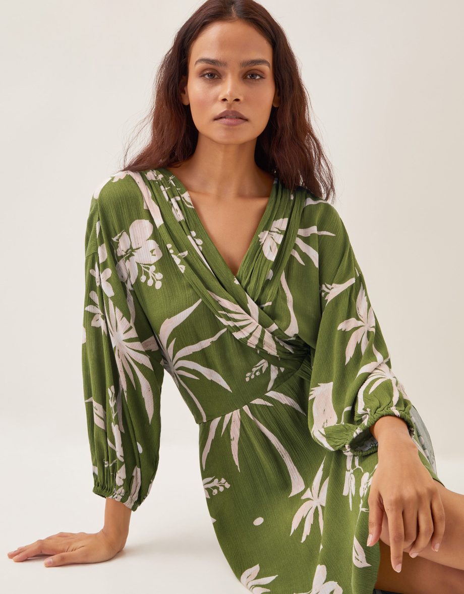 Mariam leaf print mini dress green