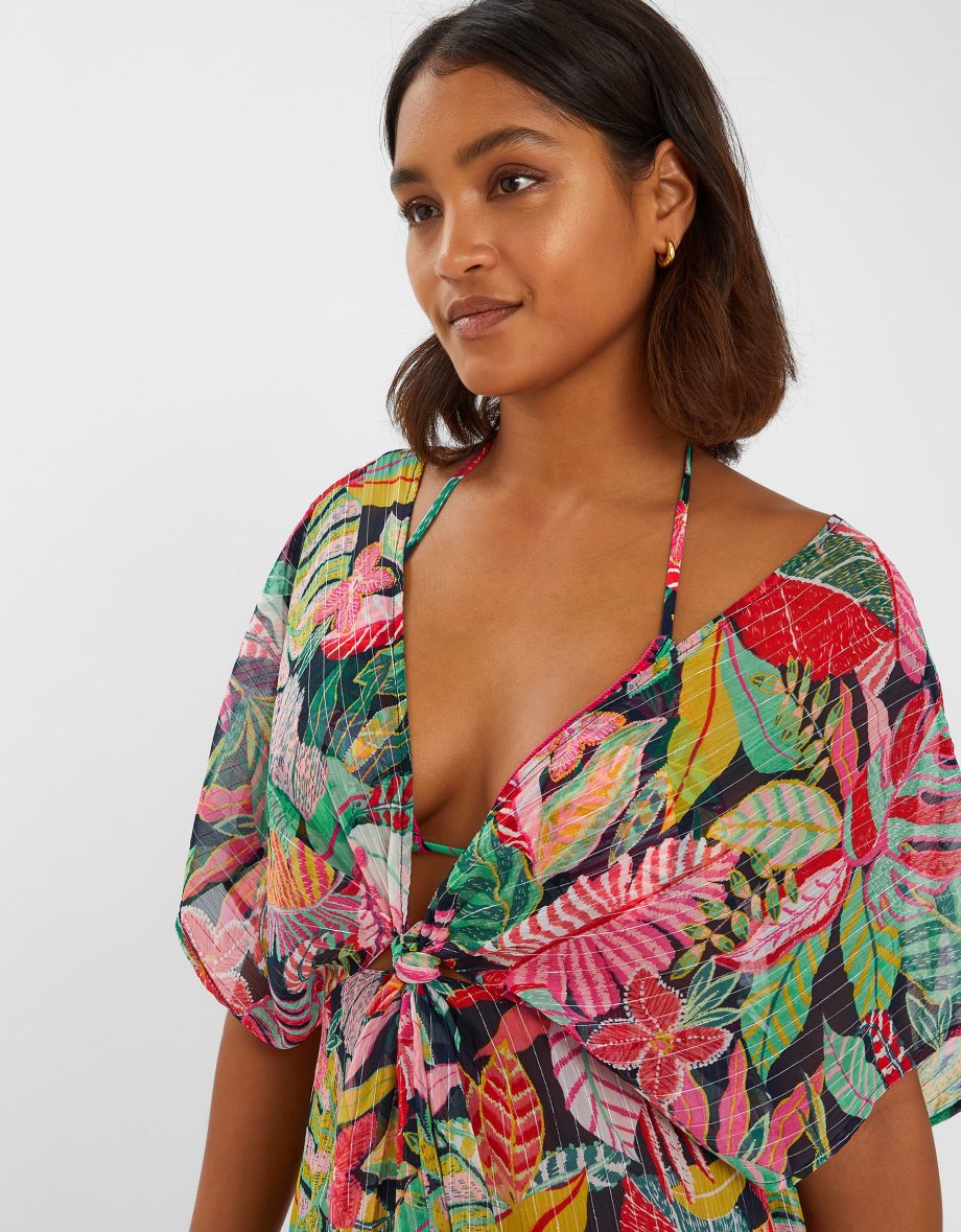 Tropical Print Chiffon Kaftan Black