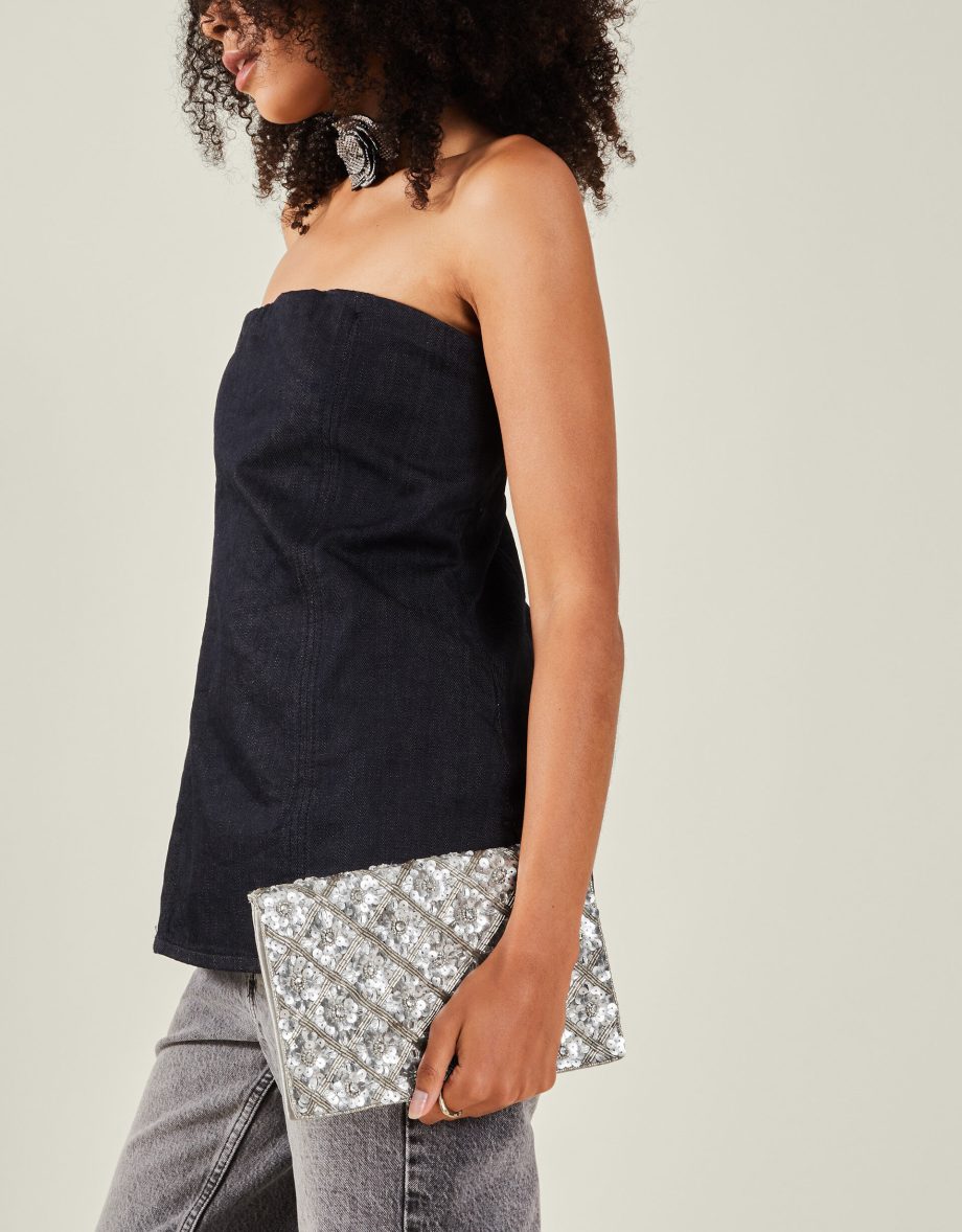 TIANNA METALLIC EMBELLISHED CLUTCH BAG SILVER