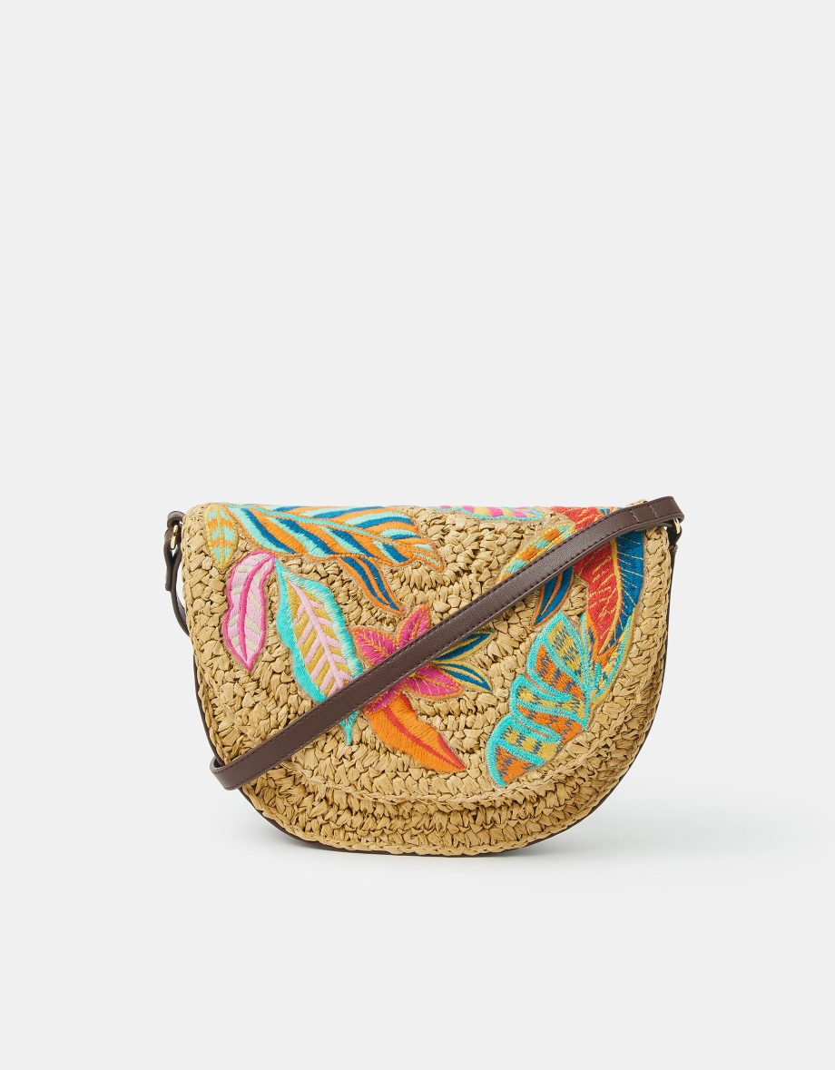 EMBROIDERED RAFFIA CROSSBODY BAG