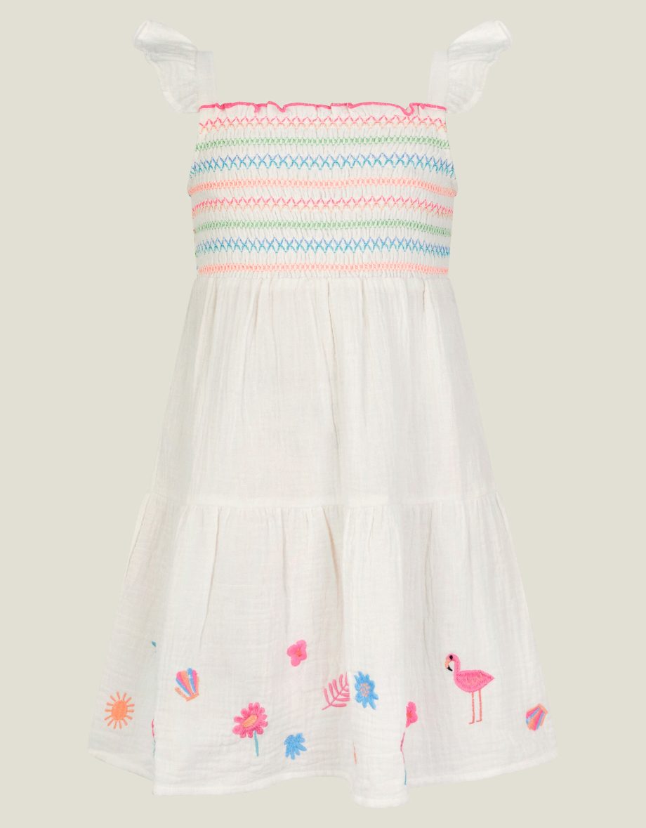 Girls Floral Embroidered Dress White