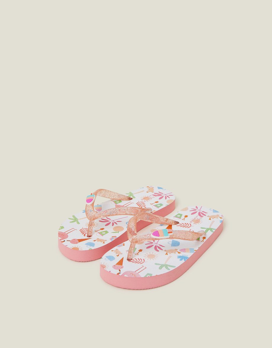 Girls Beach Print Glitter Flip Flops Multi