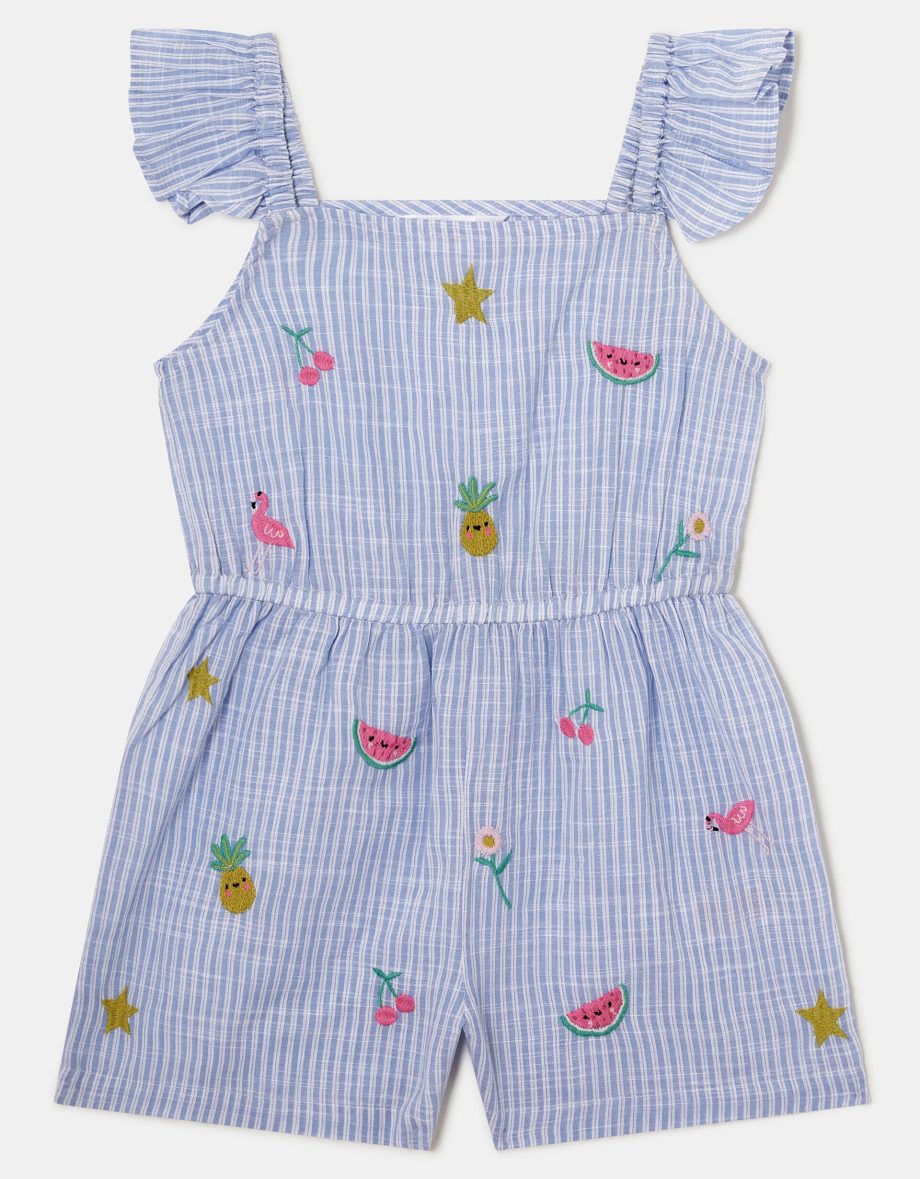 GIRLS EMBROIDERED STRIPE PLAYSUIT BLUE