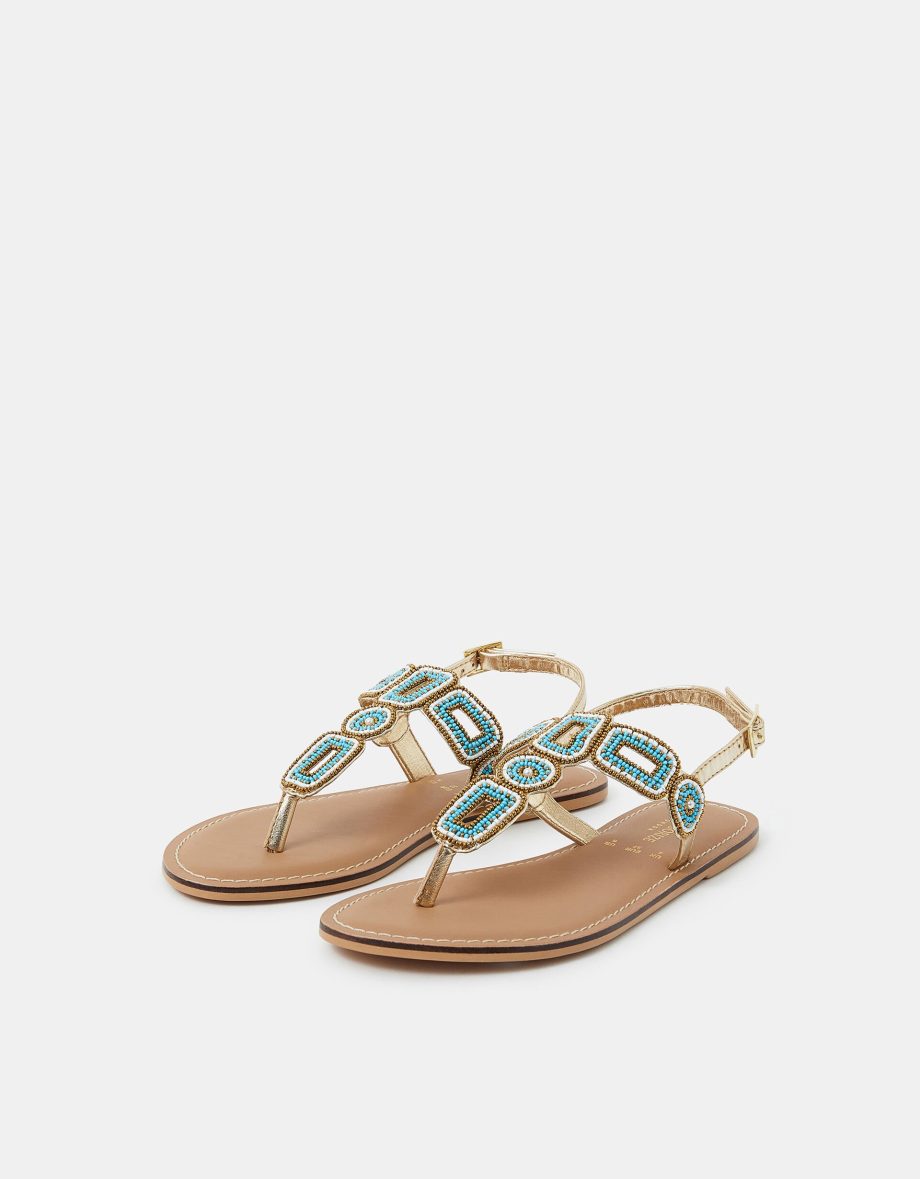 BEADED GEOMETRIC STRAP SANDALS BLUE