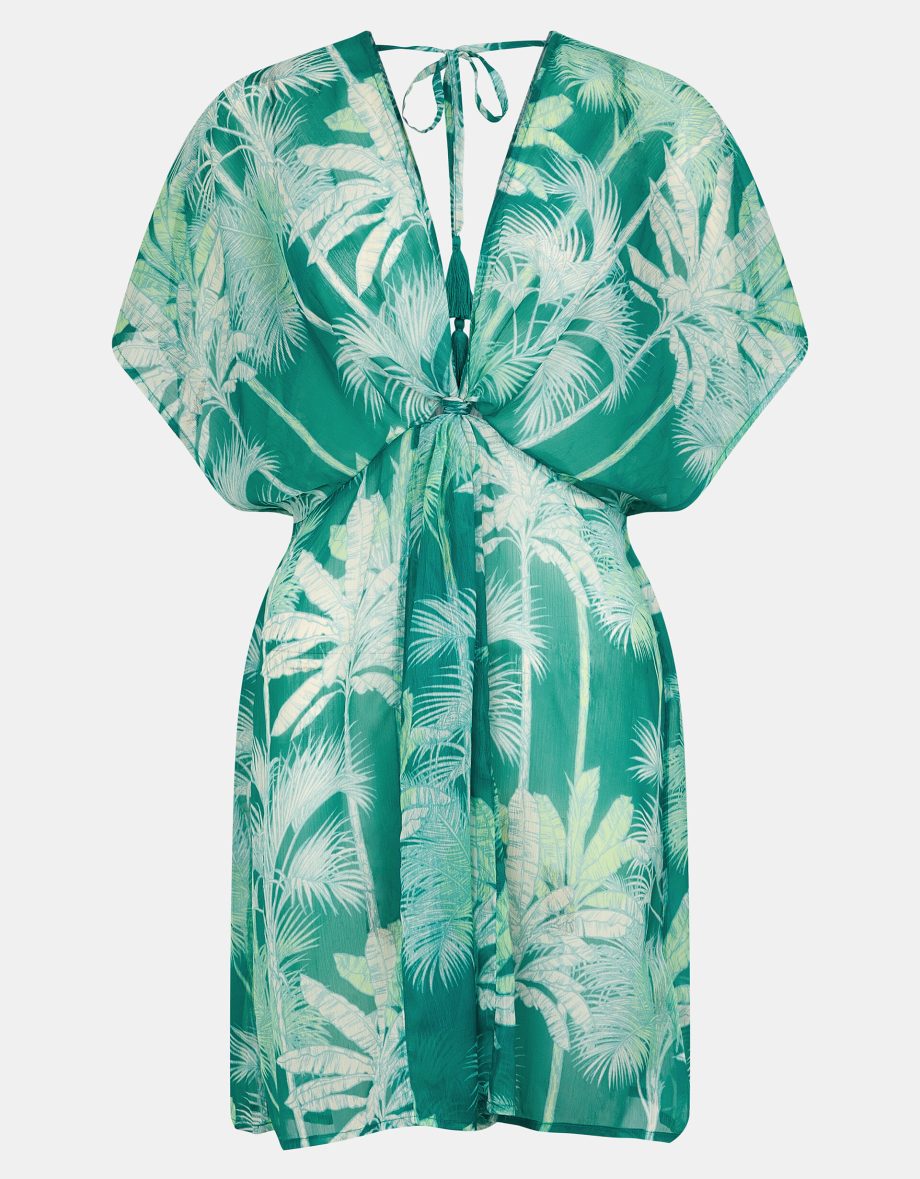 PALM PRINT CHIFFON MINI KAFTAN GREEN