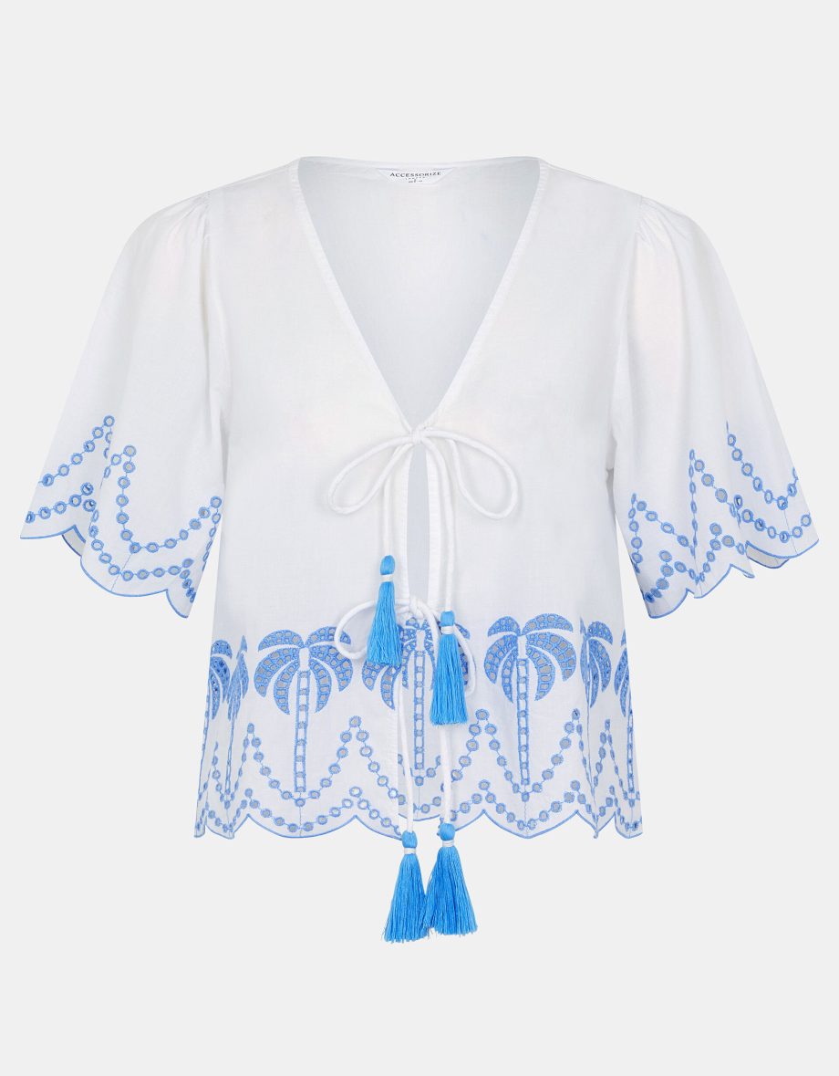 Palm Embroidered Tie Top White