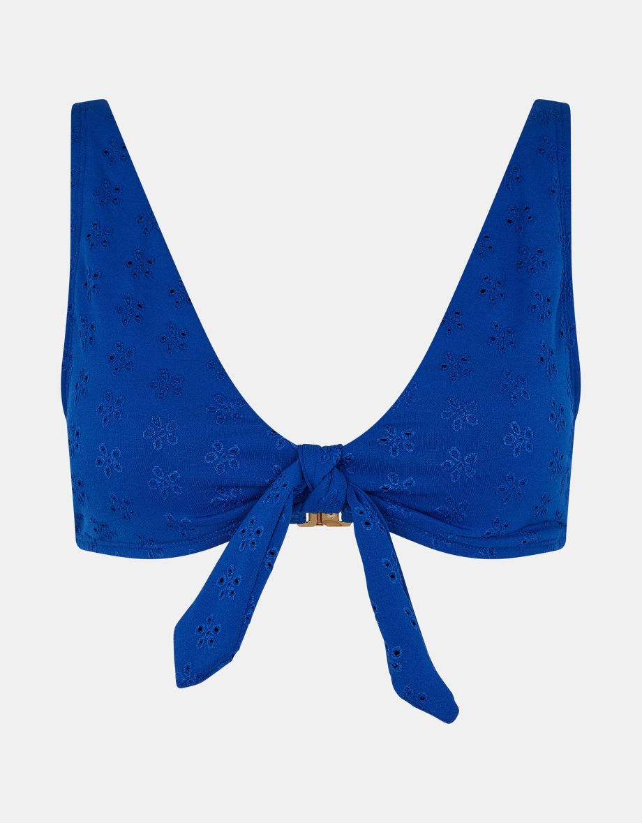 FLORAL BRODERIE TIE-FRONT BIKINI TOP BLUE