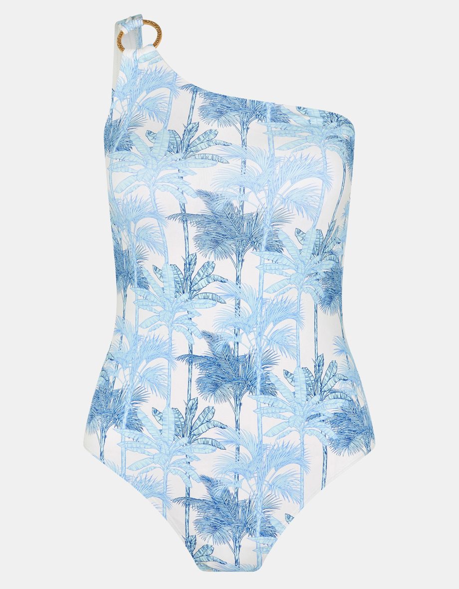 Palm Print One-Shoulder Swimsuit White