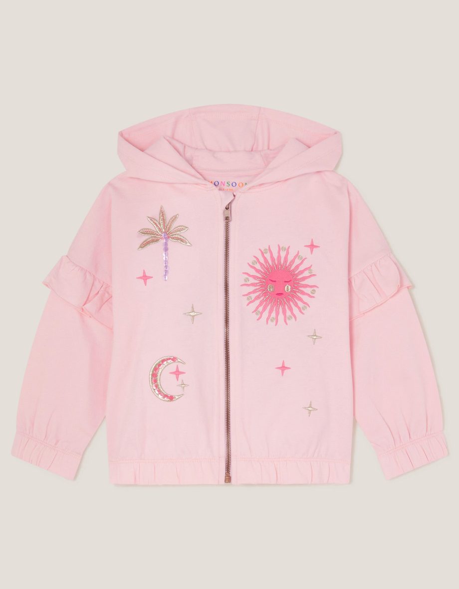 Sun embroidered zip-up hoodie pink