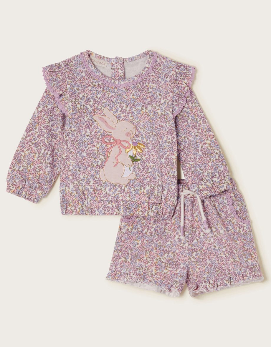 Bunny Applique Floral Sweatshirt and Shorts Set Purple
