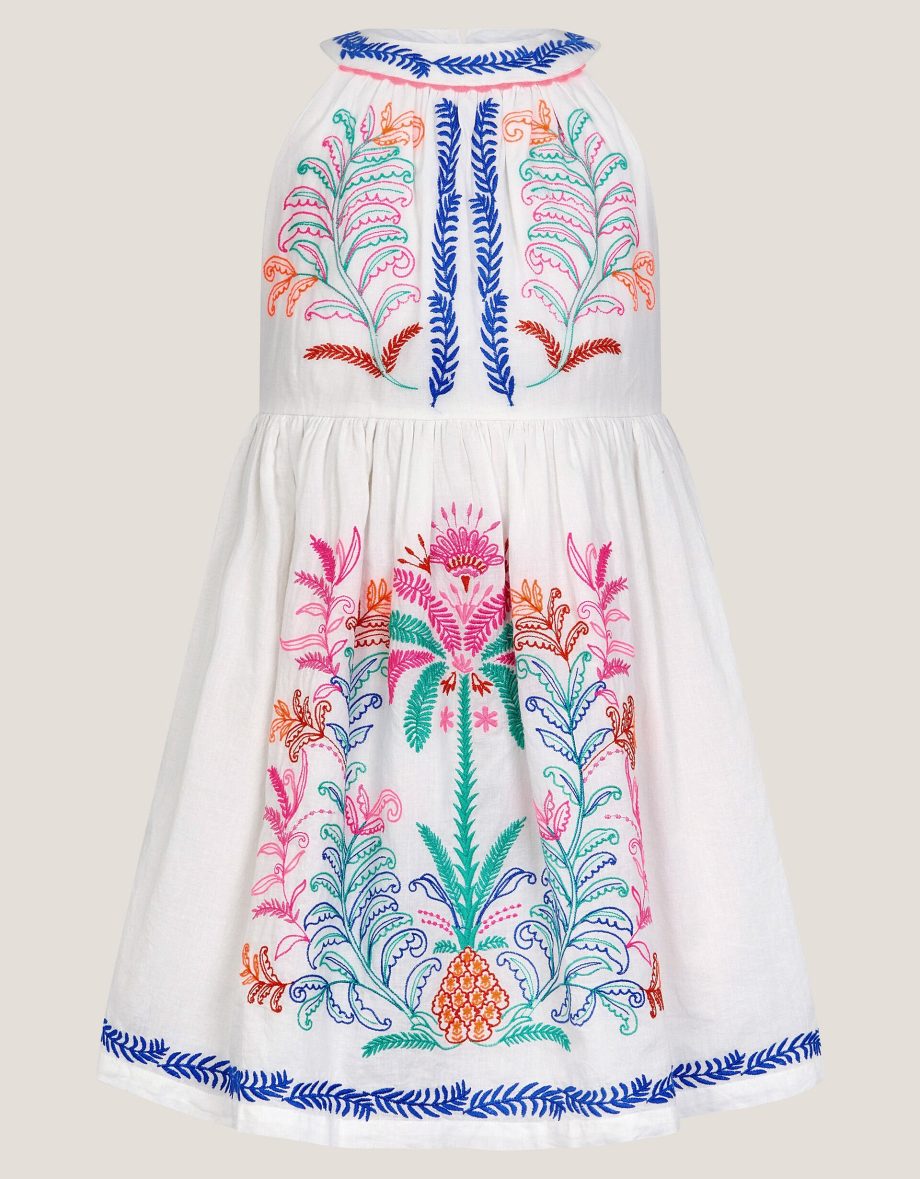 Palm tree embroidered sleeveless dress white