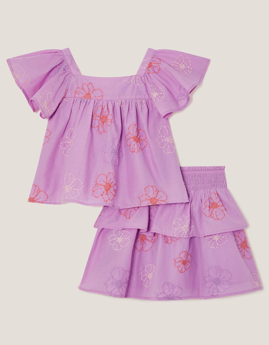 Floral Embroidered Top & Skirt Set Purple