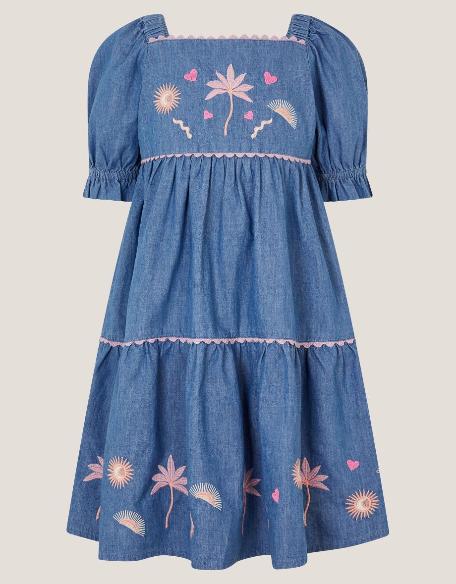 Embroidered puff sleeve denim dress blue