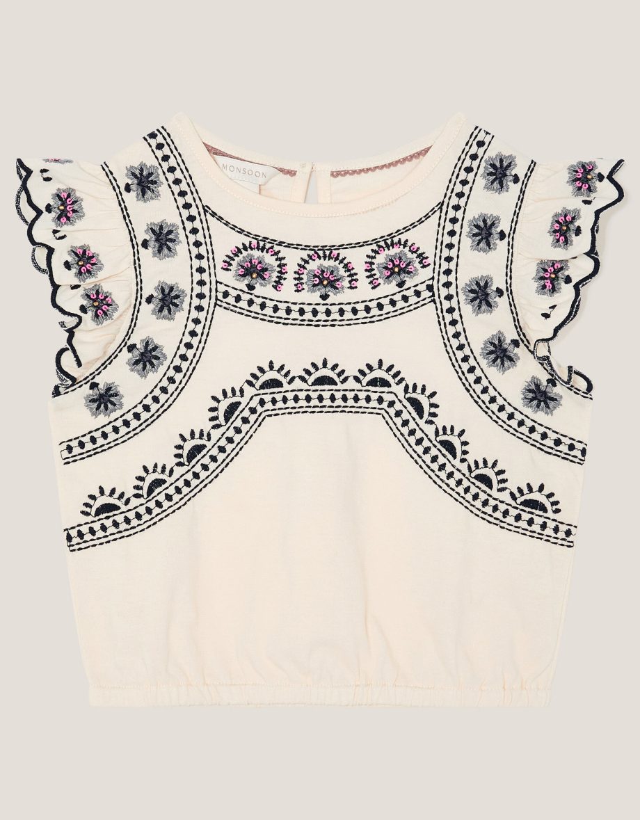 Embroidered frill t-shirt ivory