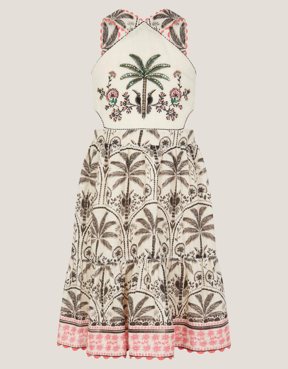 Palm Print Embellished Halter Dress Ivory