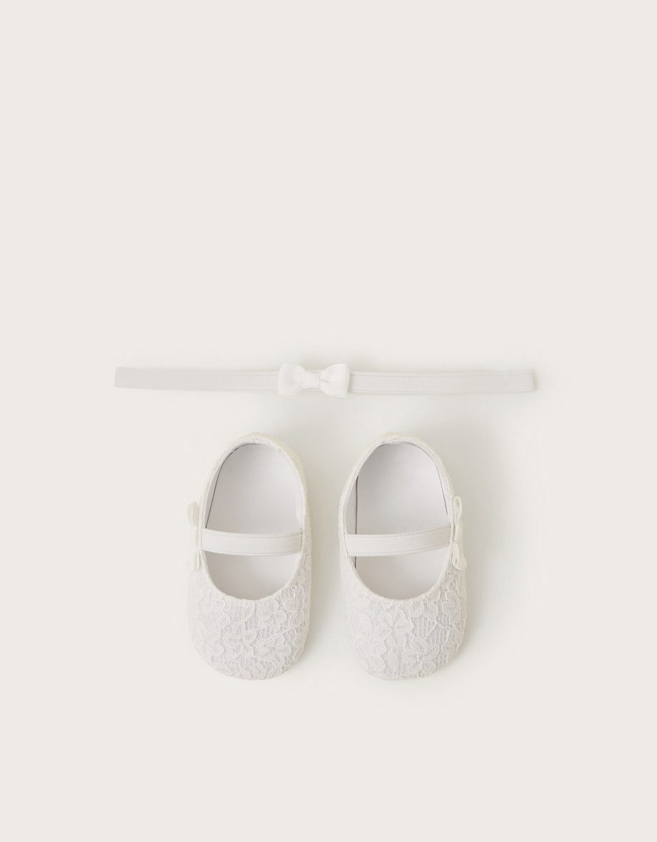 Baby lace booties and bow headband set ivory