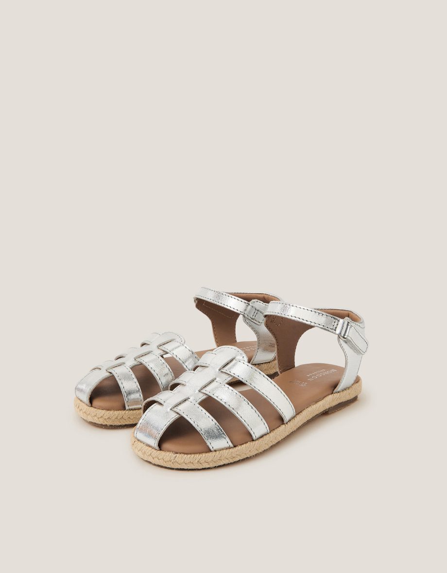 Metallic leather fisherman sandals silver