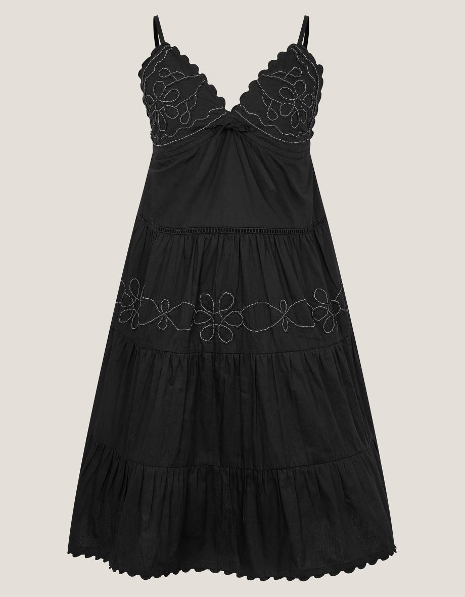 Floral embroidered tier dress black
