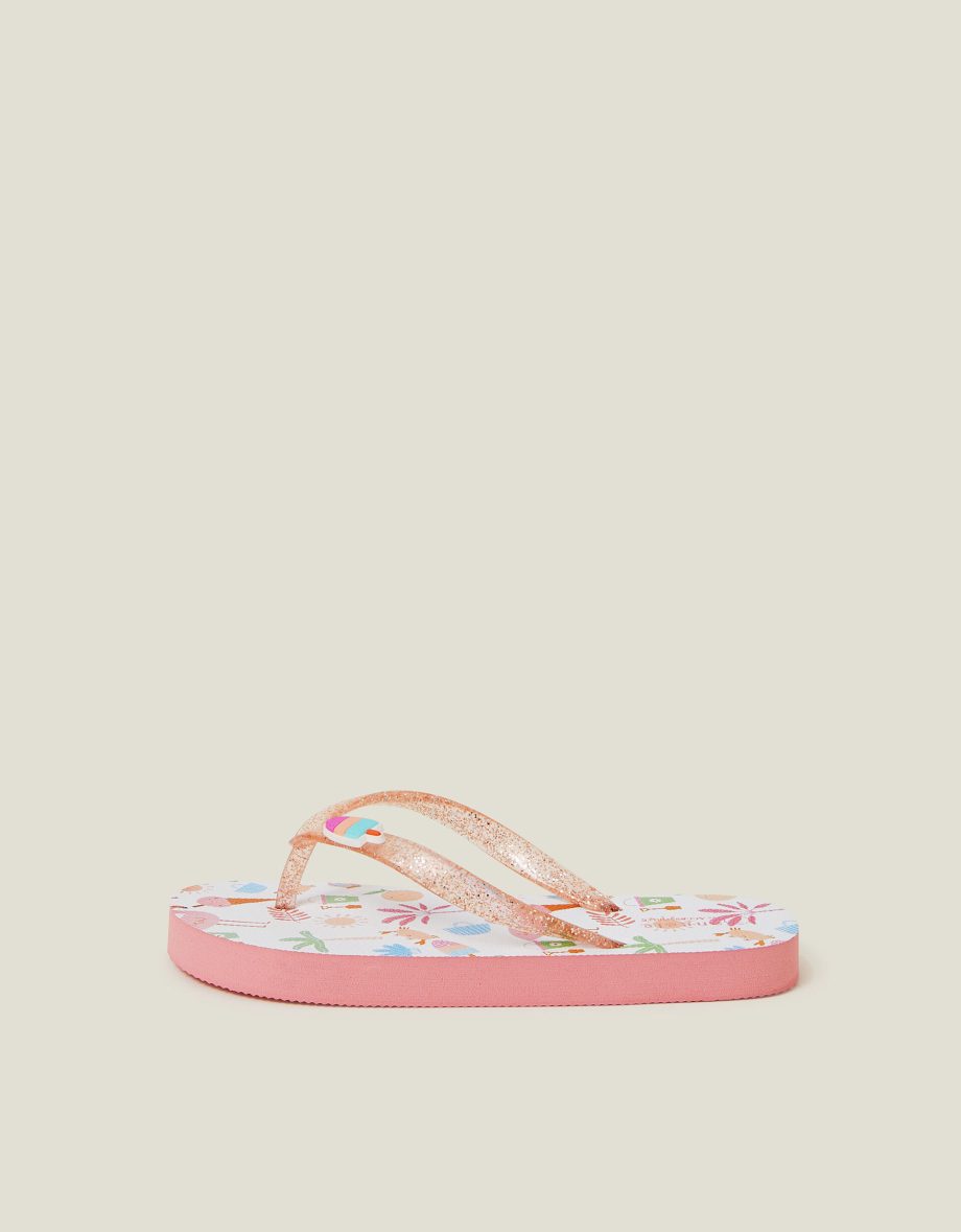 Girls Beach Print Glitter Flip Flops Multi