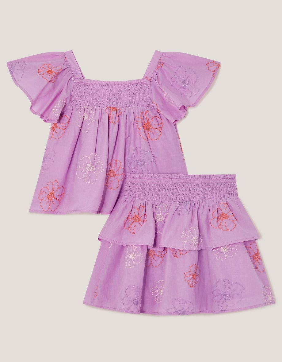 Floral Embroidered Top & Skirt Set Purple