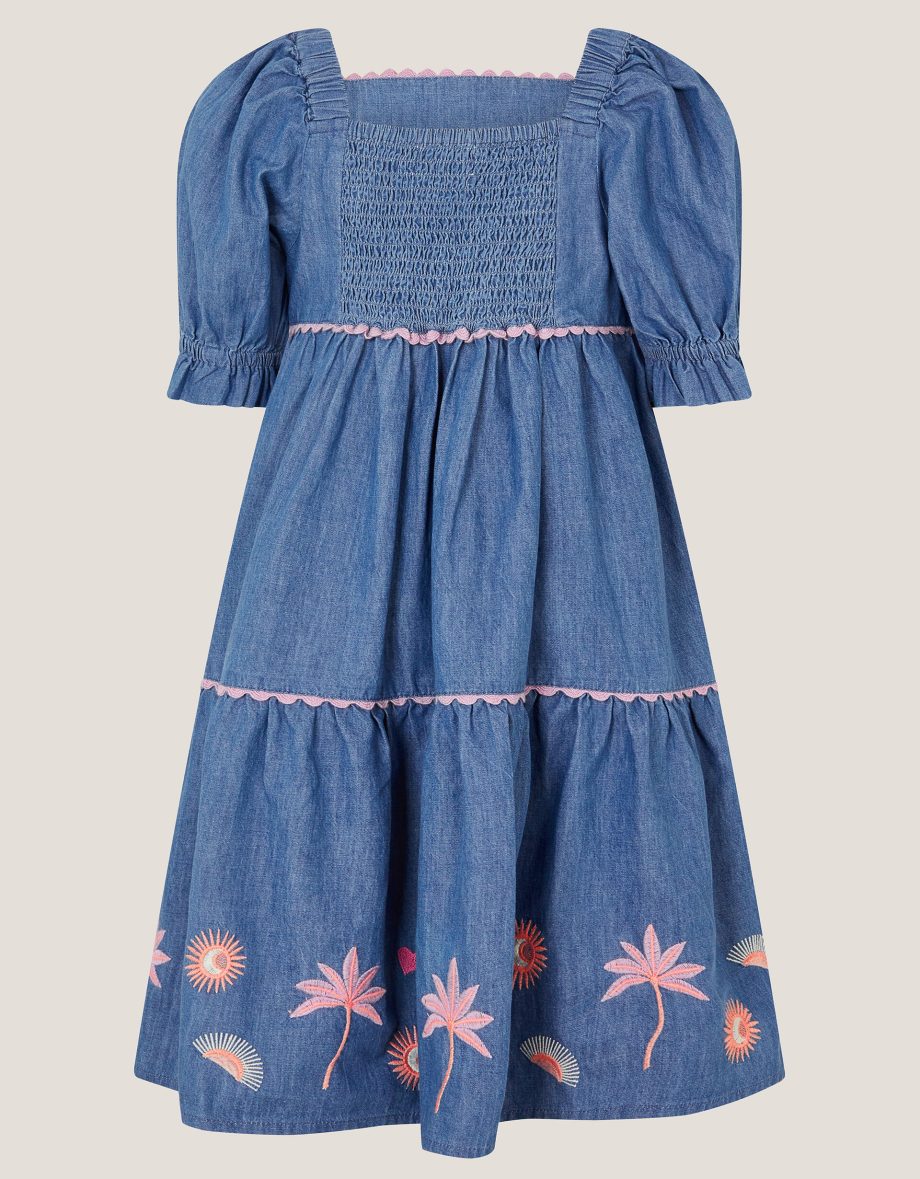 Embroidered puff sleeve denim dress blue