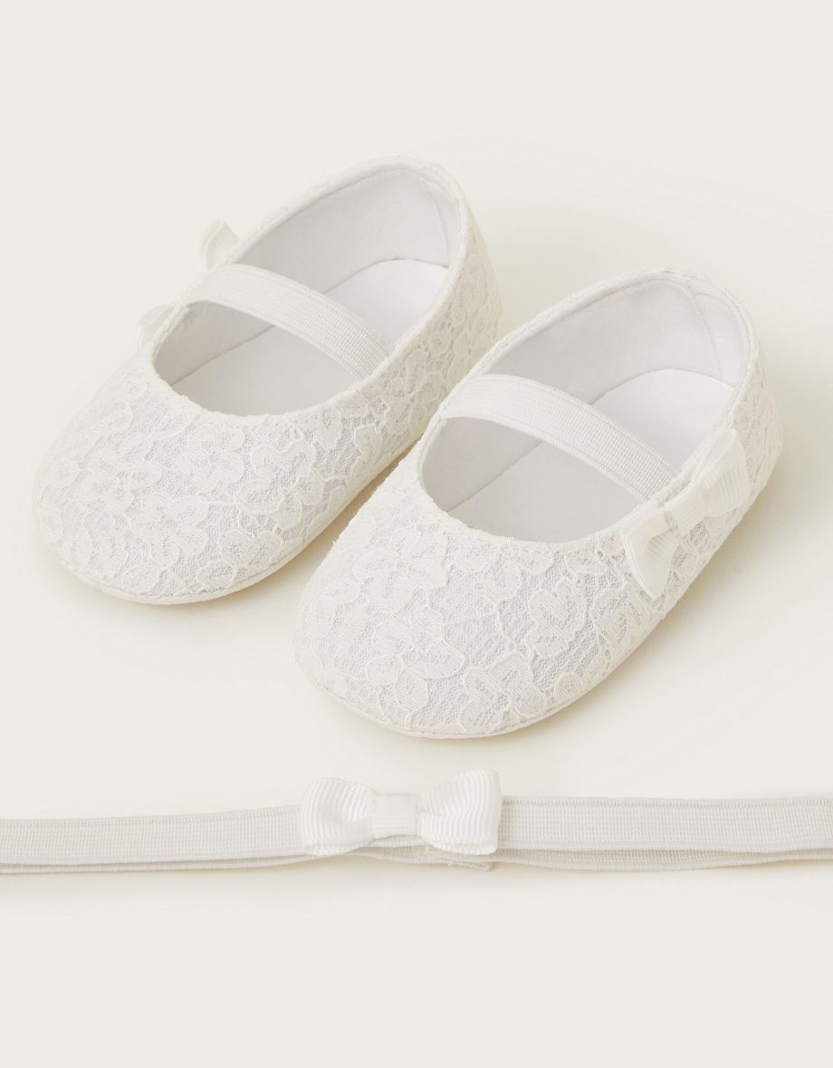 Baby lace booties and bow headband set ivory